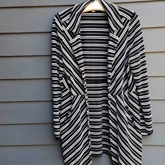 Dana Buchman Black White Stripe Knot Open Front Jacket Size Medium - Picture 1 of 11
